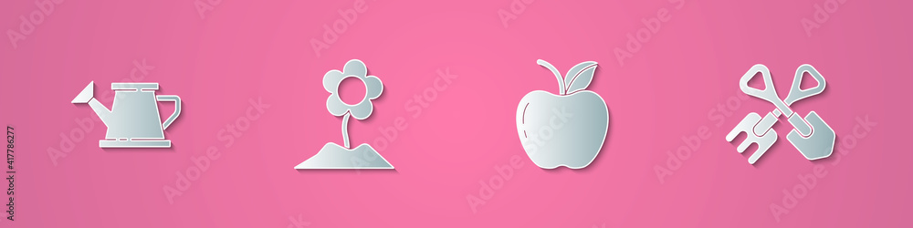 Set paper cut Watering can, Flower, Apple and Shovel and rake icon. Paper art style. Vector. Set paper cut Watering can, Flower, Apple and Shovel and rake icon. Paper art style. Vector.