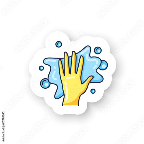 Foaming sticker icon. Soaping, wiping. Housekeeper hand in glove, whipping foam pictogram. Wet cleaning badge for designs. Housekeeping and surface disinfection vector emblem