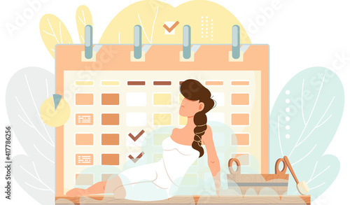 Time tracking and time management. Giant schedule with notes. Calendar with signs on background. Brunette lady is sitting near schedule. Woman in white dress taking steam bath and using accessories