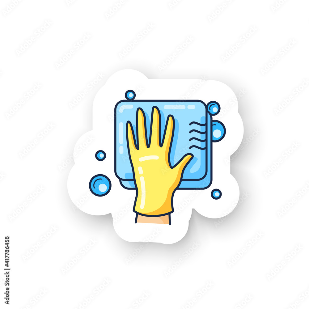 Cleaning sponge sticker. Wiping with sponge. Housekeeper hand in glove pictogram badge for designs. Wet cleaning. Housekeeping and surface disinfection vector emblem
