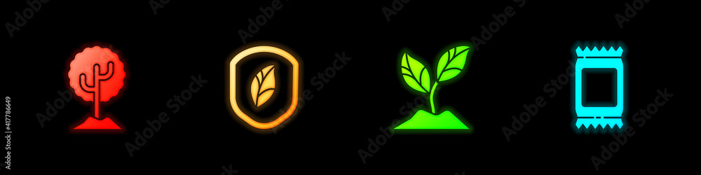 Set Tree, Shield with leaf, Plant and Fertilizer bag icon. Vector. Set Tree, Shield with leaf, Plant and Fertilizer bag icon. Vector.
