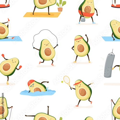 Seamless pattern with cute and funny avocado exercising on white background. Endless repeatable cartoon texture with happy strong fruit during workout. Colored flat vector illustration for printing