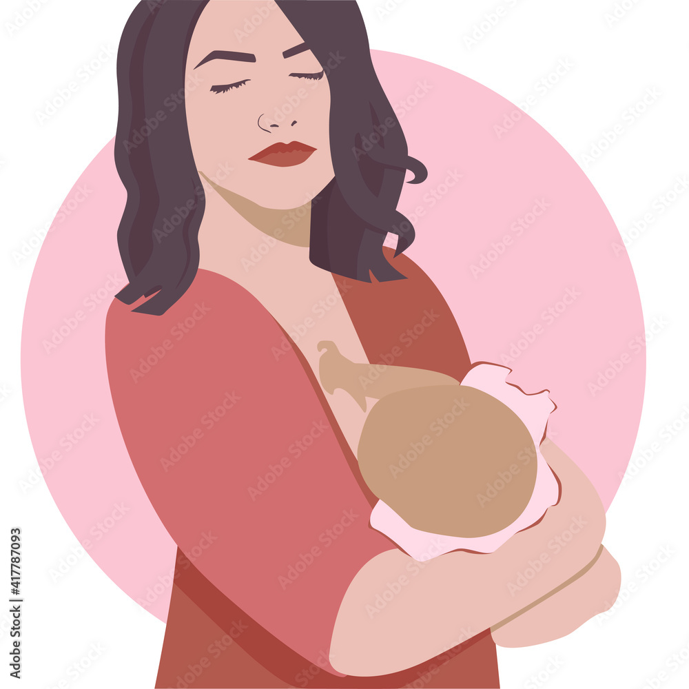 A woman is breastfeeding and holding a small baby girl. Mother's day, women's day. Illustrations for cards, web. Vector 8 eps A woman is breastfeeding and holding a small baby girl. Mother's day, women's day. Illustrations for cards, web. Vector 8 eps