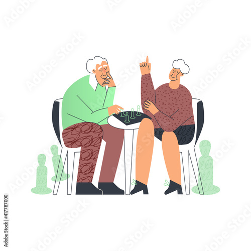 Senior couple playing table games, elderly friend having fun, grandparents family leisure at home. Old lady and gentlemen. Senior citizen flat cartoon illustration isolated on white