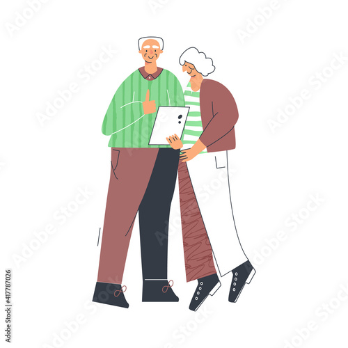 Senior people lifestyle, elderly couple with tablet laptop, grandparents family chatting on computer. Old lady and gentlemen. Senior citizen flat vector cartoon illustration