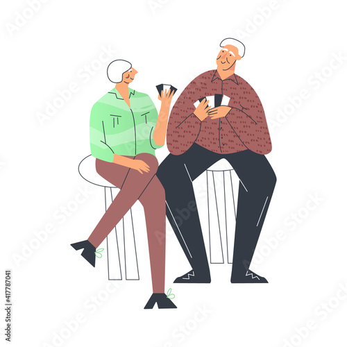 Senior couple playing table games, elderly friend having fun, grandparents family leisure at home. Old lady and gentlemen. Senior citizen flat cartoon illustration isolated on white