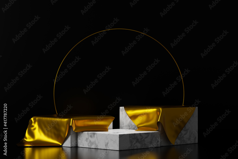 3d render empty podium with gold clothes on black background. 3d render empty podium with gold clothes on black background.