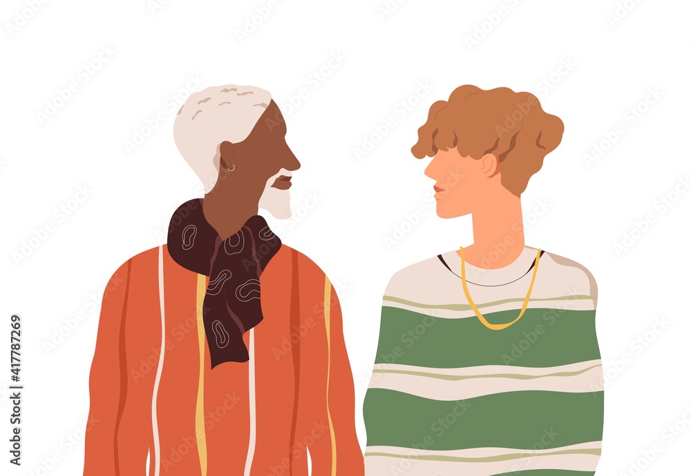 Obraz premium Romantic homosexual couple of two enamored men of different age and race. Multiracial love partners. Colored flat vector illustration of gay boyfriends isolated on white background