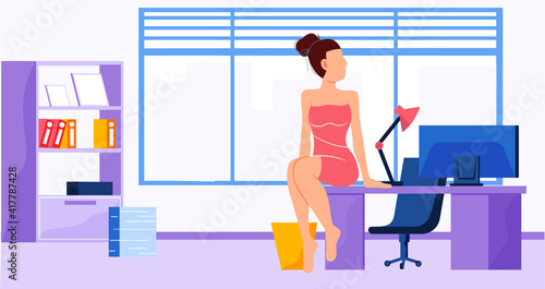 Girl in pink dress or nightwear sitting on table. Woman spends time at workplace. Female character resting and relaxing in office after bath. Interior design and furniture arrangement in office