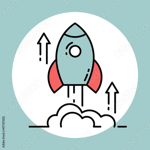 Rocket launch color line icon. Concept of new business project start up and development process. Flat design vector illustration.