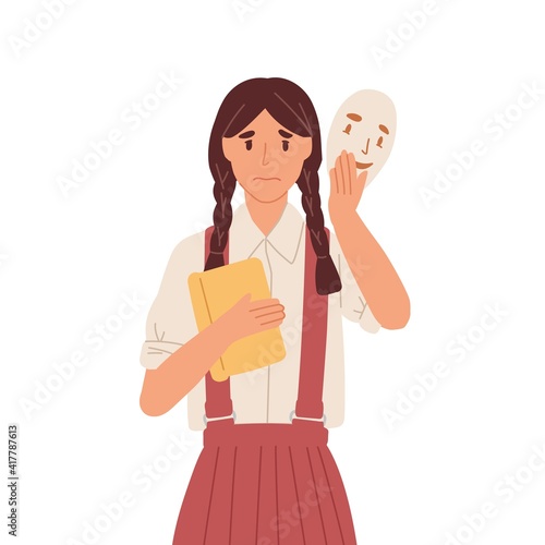 Girl putting on social face mask with fake positive emotion to hide real sad feelings behind it. Unhappy person disguising fear. Colored flat vector illustration isolated on white background