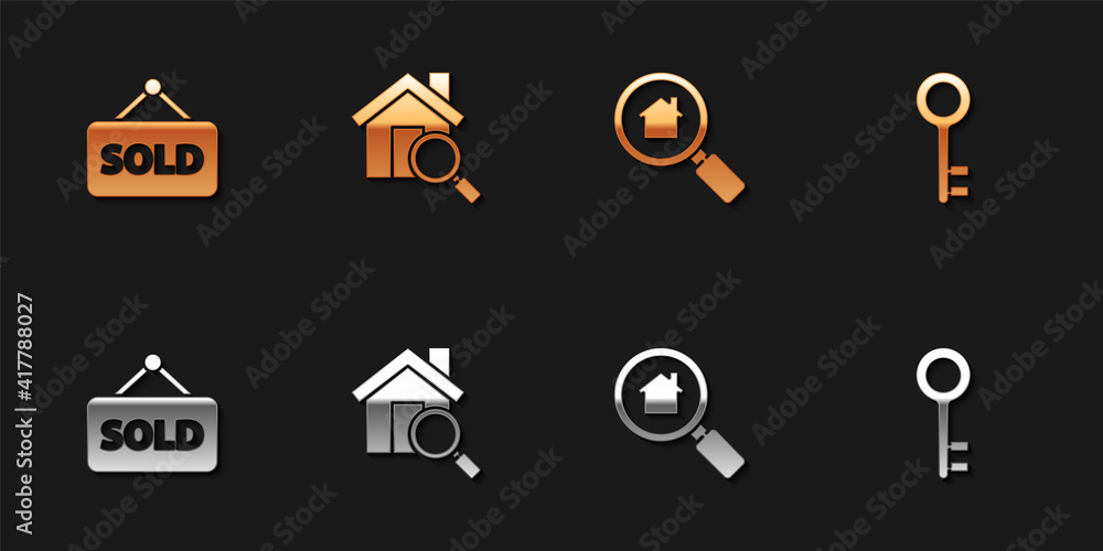 Set Hanging sign with text Sold, Search house, and House key icon. Vector. Set Hanging sign with text Sold, Search house, and House key icon. Vector.