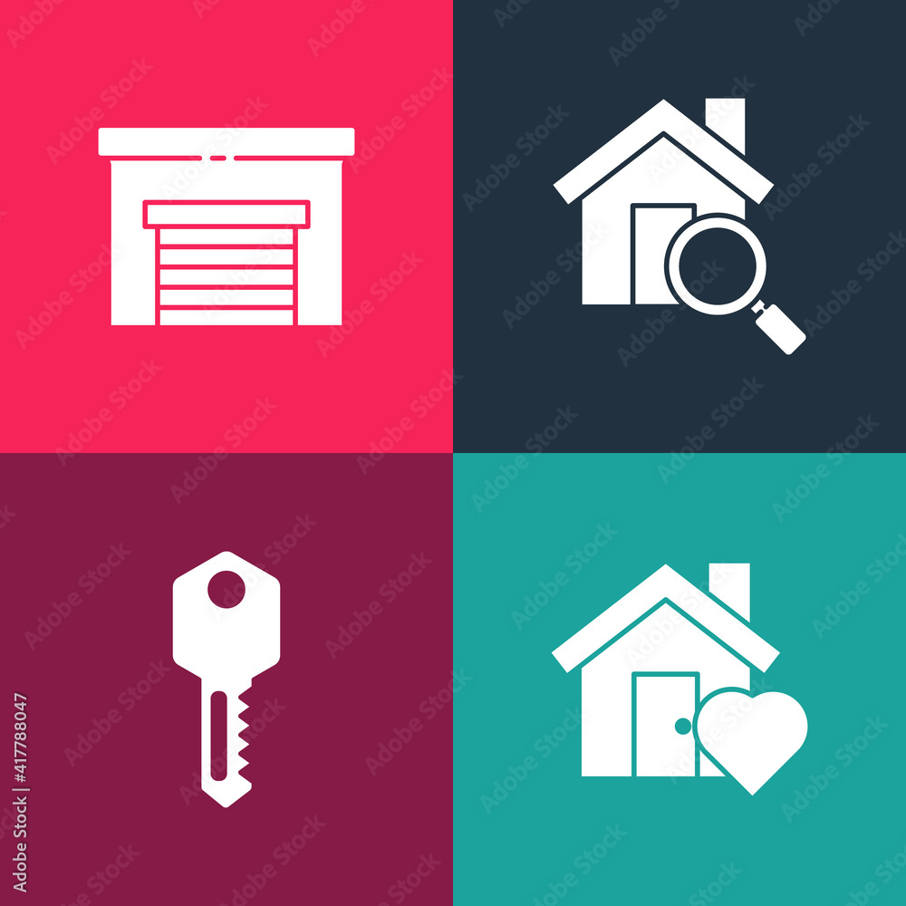 Set pop art House with heart shape, key, Search house and Garage icon. Vector. Set pop art House with heart shape, key, Search house and Garage icon. Vector.