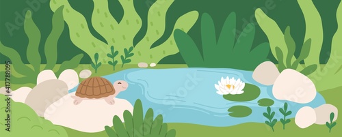 Scene with cute turtle sitting on stone near pond with water lily. Panoramic view of rainforest with smiling tortoise on rock in summer. Colored flat vector illustration