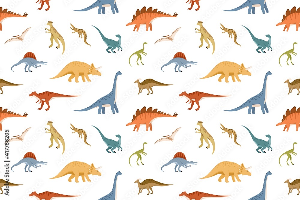 Seamless kids pattern with different dinosaurs on white background. Endless texture with dinos of Jurassic park and ancient prehistorical monsters. Colored flat vector illustration Seamless kids pattern with different dinosaurs on white background. Endless texture with dinos of Jurassic park and ancient prehistorical monsters. Colored flat vector illustration