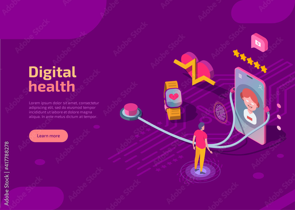 Digital health isometric landing page. Virtual medical consultation with doctor via mobile phone. Healthcare help web banner with cellphone, smart watches, big heart with beat, chatting with physician