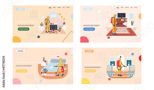 Disinfection in your home set of landing page temlate with sanitary worker disinfects living room to kill viruses and bacteria. Male character in protective suit sprays room with disinfectant solute