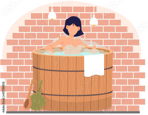 Young woman sitting in tub. Bathhouse or banya at home interior design. Sexy girl in barrel is resting in sauna. Female character in hot steam. Person is cleaning skin in special home sauna