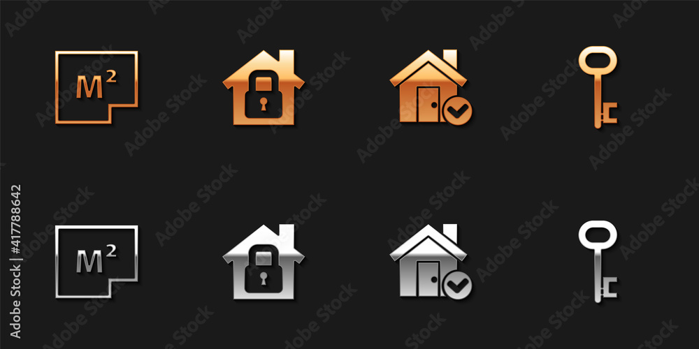 Set House plan, under protection, with check mark and key icon. Vector. Set House plan, under protection, with check mark and key icon. Vector.