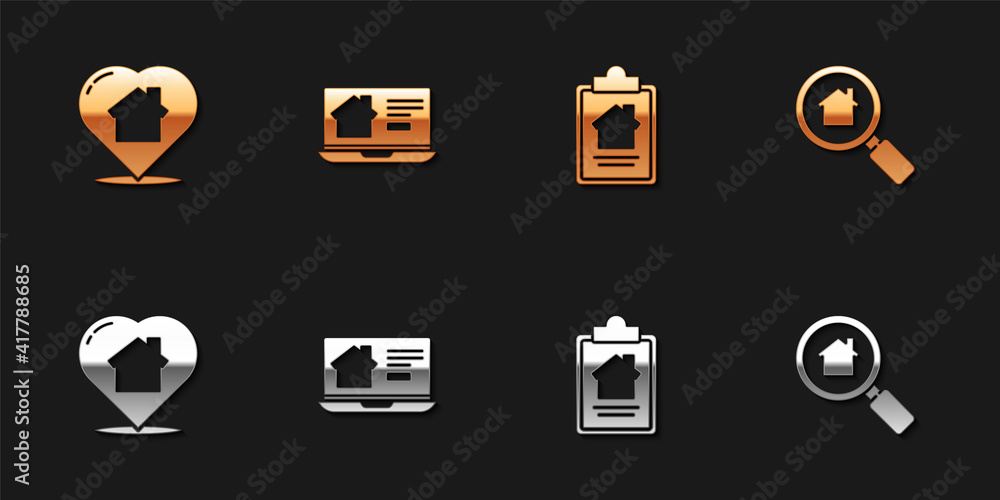 Set House with heart shape, Online real estate house, contract and Search icon. Vector. Set House with heart shape, Online real estate house, contract and Search icon. Vector.