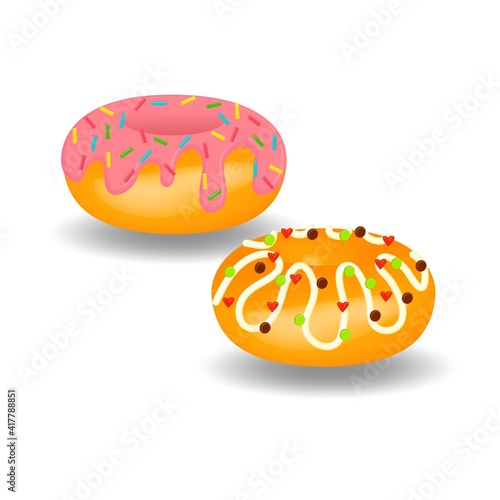 Glazed sweet tasty donuts  with pink fondant isolated on white background close-up. For advertising, menus, poster of cafes, restaurants and eateries.