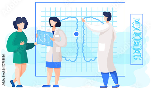 Medical consultation and support. Healthcare services. Girl communicates with doctor in hospital. Therapist gives recommendations to female patient. Man points to image of cerebral hemispheres