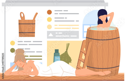 Girl is sitting in barrel and having rest. Women against background of poster with sauna accessories. Female characters spending time in bathhouse with hot steam. Person relaxing in boiling water