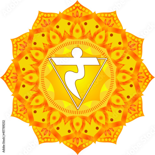 'Manipura' and element Fire, on white background. Circle mandala pattern and Colored. Vector illustration with symbol chakra