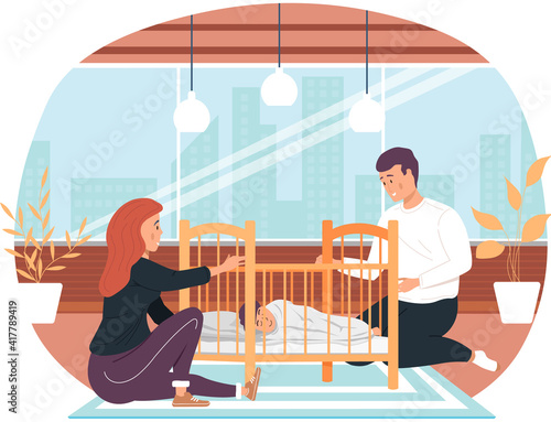 Husband and wife put to bed child in cradle. Healthy kid, happy family, maternity leave and glad motherhood. Mother and father spend time at home with their baby. Parents help child to fall asleep