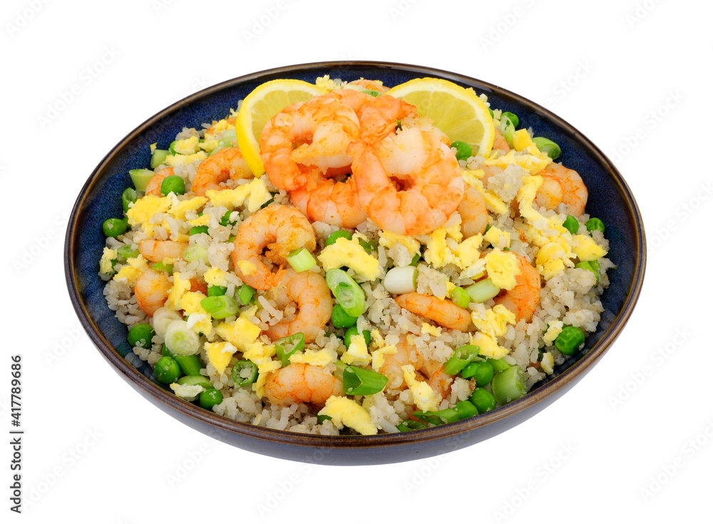 Chinese king prawn egg fried rice meal isolated on a white background Chinese king prawn egg fried rice meal isolated on a white background