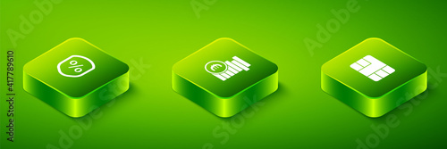 Set Isometric Coin money with euro symbol, Credit card chip and Loan percent icon. Vector.