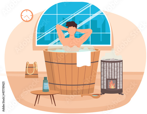 Young man standing in wooden tub with his hands up. Bathhouse at home interior design. Guy in barrel is resting in home sauna. Male character is relaxing in hot steam. Person is cleaning body