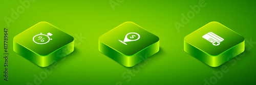 Set Isometric Cash location, Credit card remove and Stopwatch and percent icon. Vector.