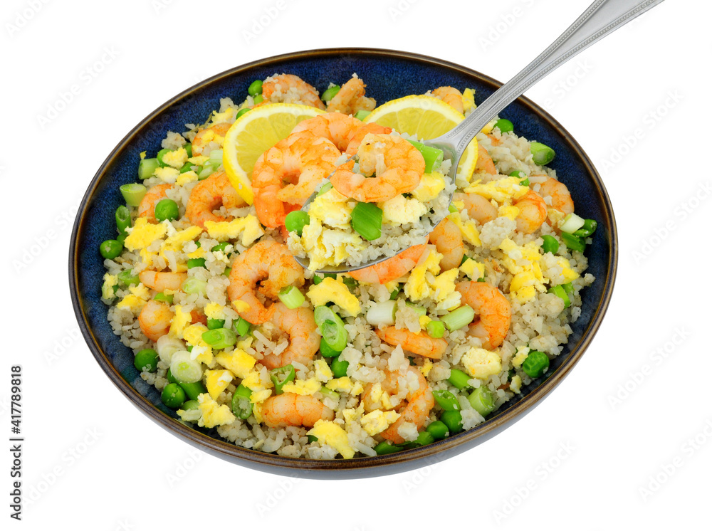 Chinese king prawn egg fried rice meal isolated on a white background Chinese king prawn egg fried rice meal isolated on a white background