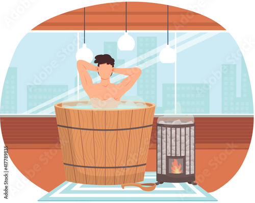 Young man sitting in tub. Bathhouse or banya at home interior design. Sexy guy in barrel is resting in sauna. Male character in hot steam. Person cleans skin in water heated by fire device in sauna