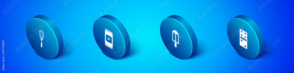 Set Isometric Kitchen whisk, Ice cream, Domino and Online play video icon. Vector. Set Isometric Kitchen whisk, Ice cream, Domino and Online play video icon. Vector.