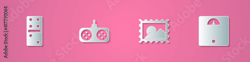 Set paper cut Domino, Gamepad, Postal stamp and Bathroom scales icon. Paper art style. Vector.