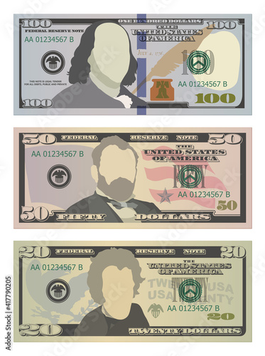 Set of one hundred dollars, fifty dollars and twenty dollar bills in new design. 100, 50 and 20 US dollars banknotes. Vector illustration of USD isolated on white background