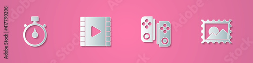 Set paper cut Stopwatch, Play Video, Gamepad and Postal stamp icon. Paper art style. Vector.
