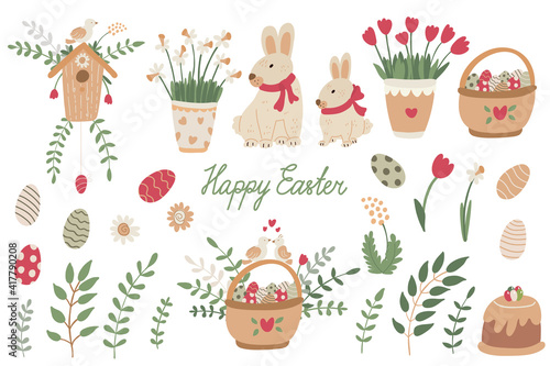 Fototapeta Naklejka Na Ścianę i Meble -  Easter vector set. Cute rabbits, birdhouse, basket with eggs, spring flowers and cake. Hand drawn cartoon illustration and lettering isolated on white. Great for Easter design, posters, greeting cards
