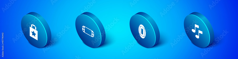 Set Isometric Paper shopping bag, American Football ball, Music note, tone and Portable video game console icon. Vector. Set Isometric Paper shopping bag, American Football ball, Music note, tone and Portable video game console icon. Vector.