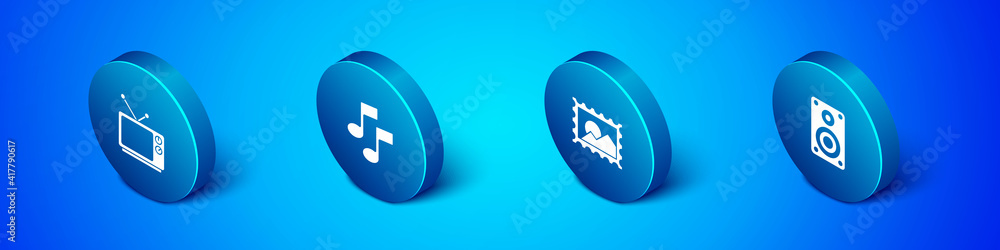 Set Isometric Retro tv, Postal stamp, Stereo speaker and Music note, tone icon. Vector.