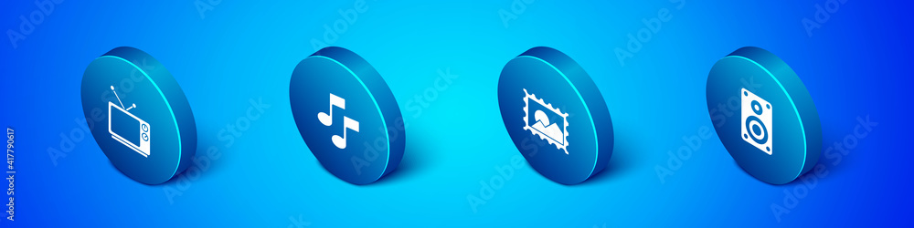 Set Isometric Retro tv, Postal stamp, Stereo speaker and Music note, tone icon. Vector. Set Isometric Retro tv, Postal stamp, Stereo speaker and Music note, tone icon. Vector.