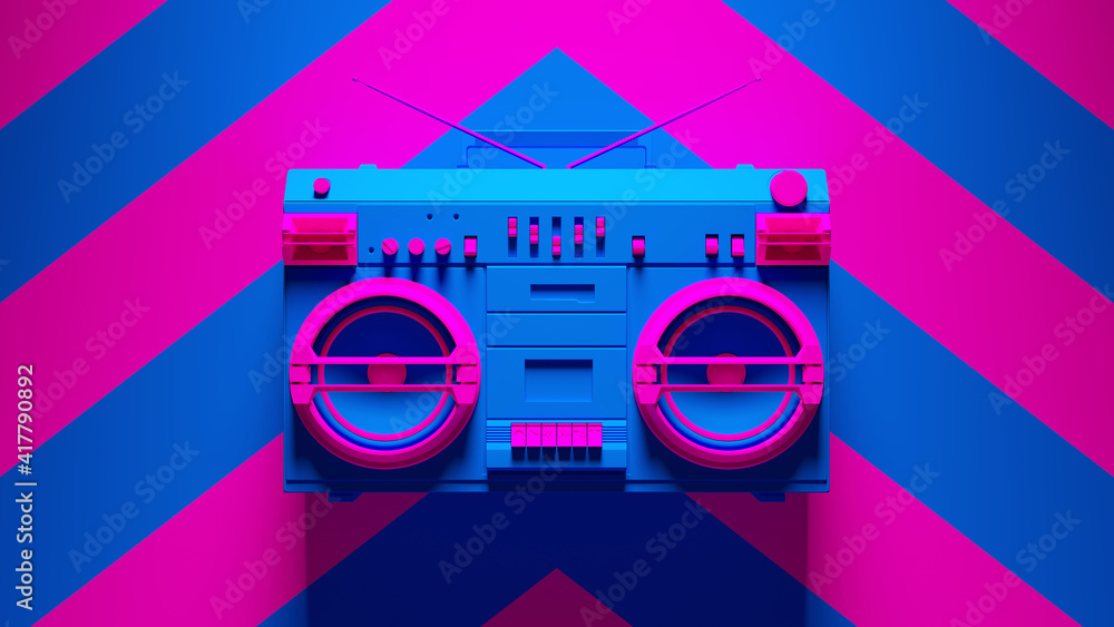 Blue Pink Boombox Post-Punk Stereo with Pink an Blue Chevron Background 3d illustration render - obrazy, fototapety, plakaty 