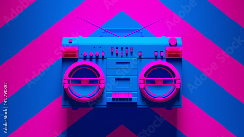 Blue Pink Boombox Post-Punk Stereo with Pink an Blue Chevron Background 3d illustration render