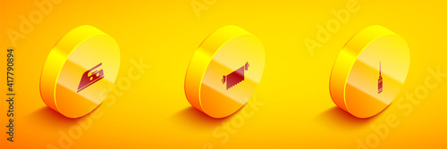 Set Isometric Electric iron, Textile fabric roll and Awl tool icon. Vector.