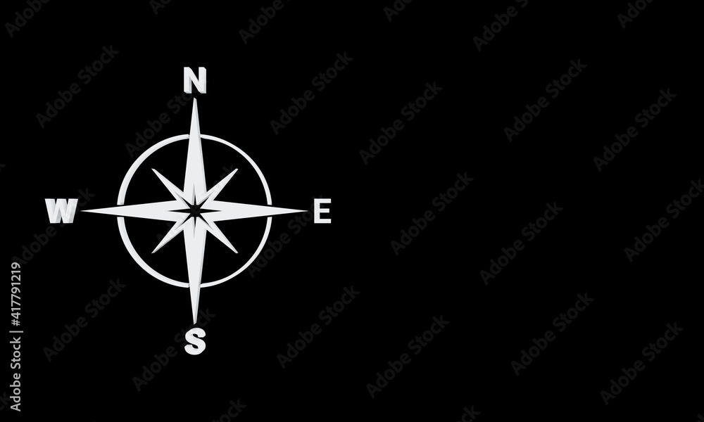 3D white direction compass symbol on black background 3D white direction compass symbol on black background