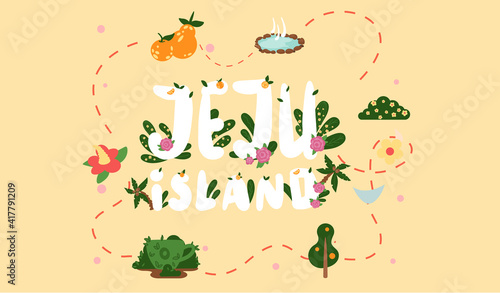 Welcome to Jeju island in South Korea, traditional landmarks, symbols, popular place for visiting tourists, jeju green tropical island travel concept. Korean land with traditional attractions