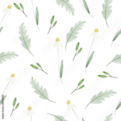 Watercolor pattern with cute flowers and leaves on white background 