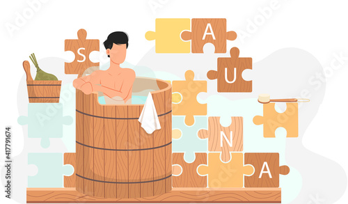 Guy stands in barrel and bathes. Man in wooden tub against background of pieces of puzzle with inscription sauna. Male character in hot steam. Person resting in container with boiling water